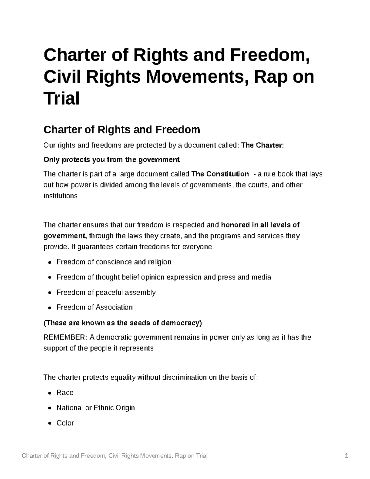 Charter of Rights and Freedom, Civil Rights Movement - It guarantees ...