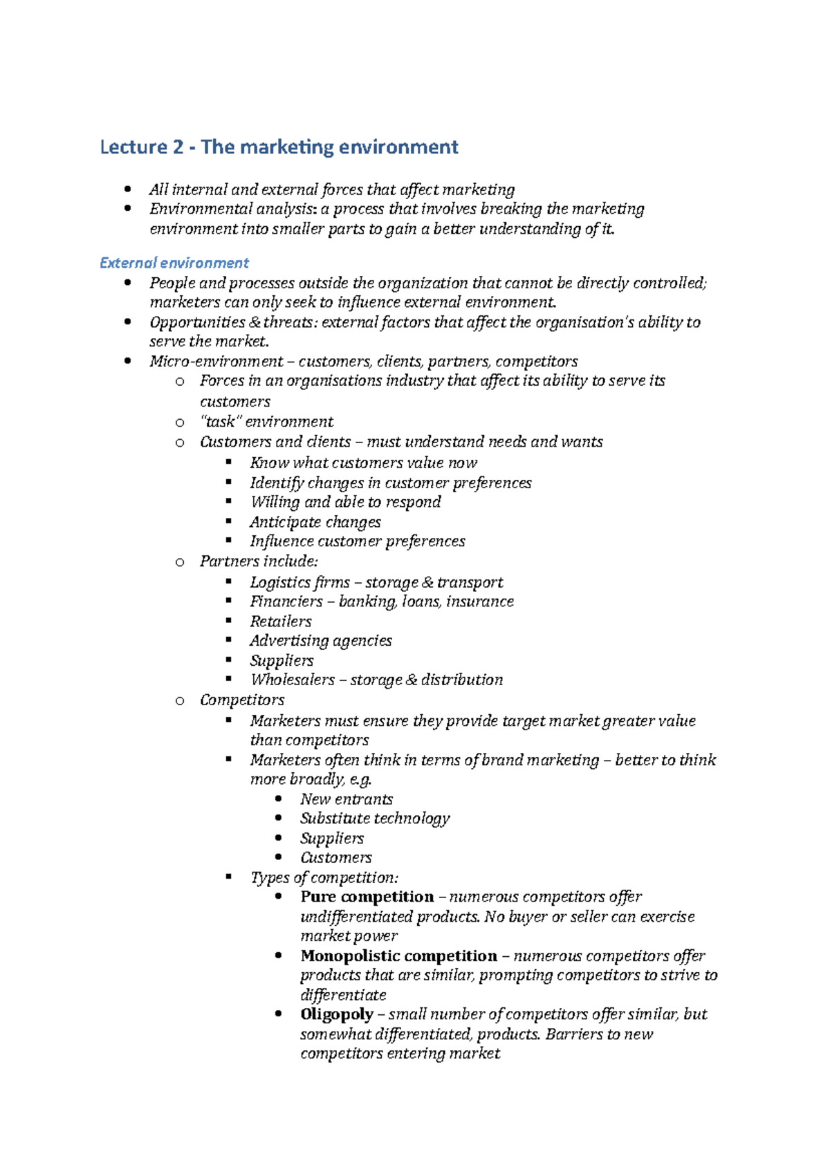 Marketing Notes - Lecture 2 - The marketing environment All internal ...