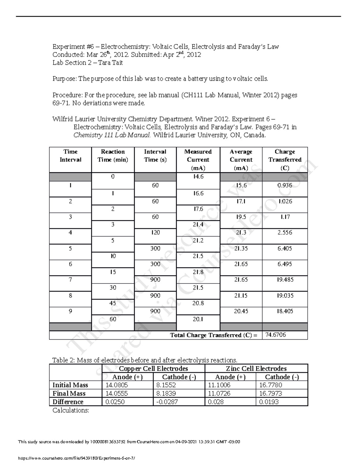 Experiment 6 Or 7 - Lab Report - Experiment #6 – Electrochemistry ...