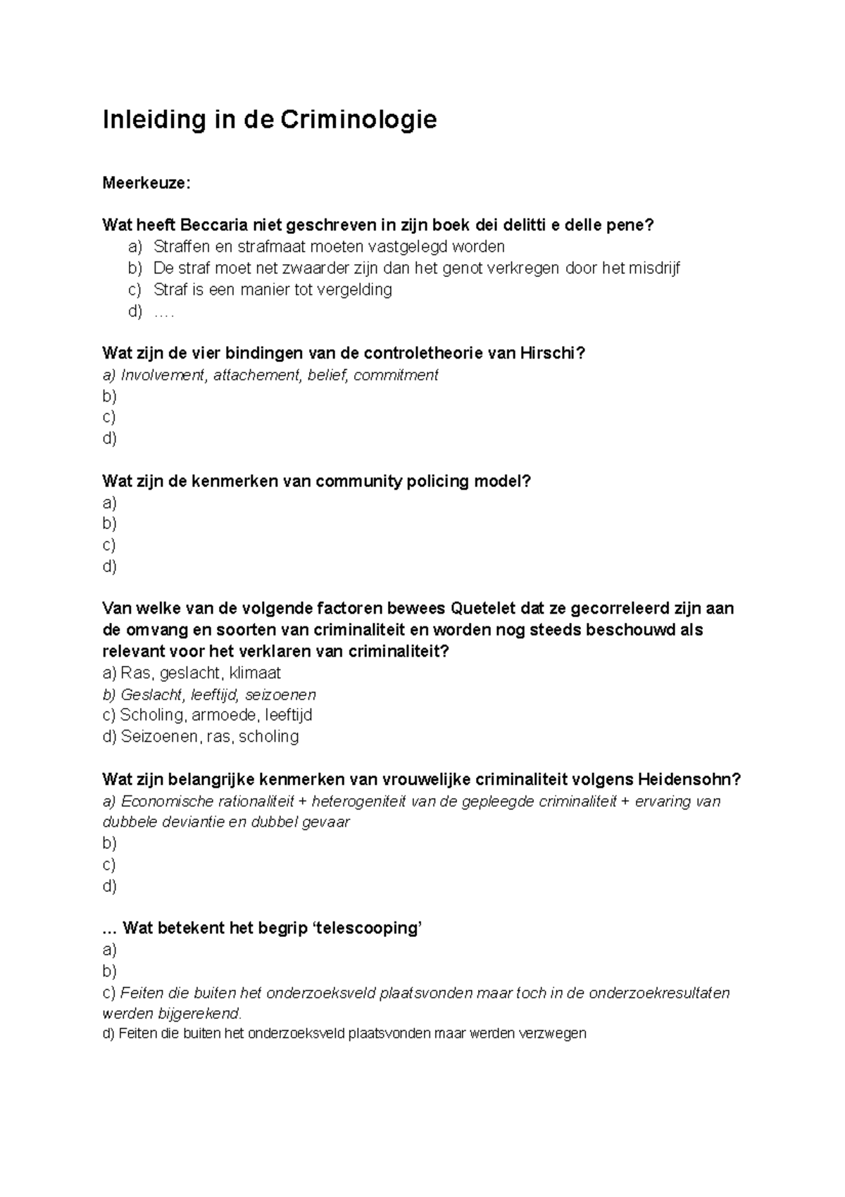 2015 Proefexamen - Inleiding In De Criminologie Meerkeuze: Wat Heeft ...