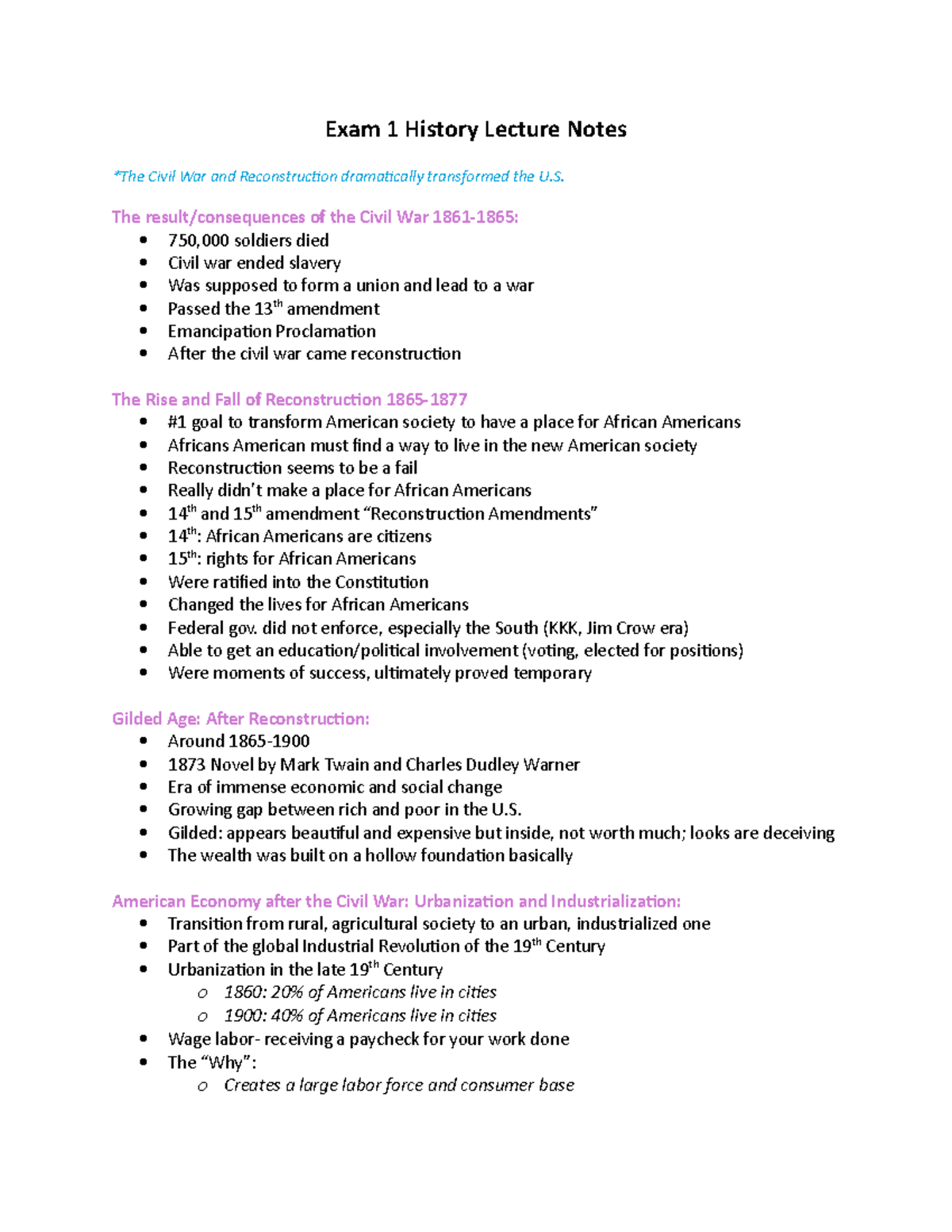 History Notes Exam 1 Exam 1 History Lecture Notes The Civil War And Reconstruction History Notes Exam 1 Exam 1 History Lecture Notes The Civil War And Reconstruction