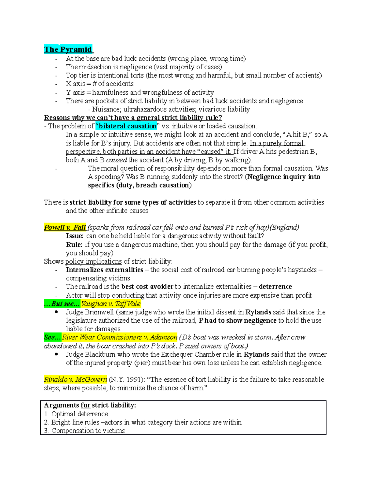 Torts Law Outline - 2 - The Pyramid At The Base Are Bad Luck Accidents 