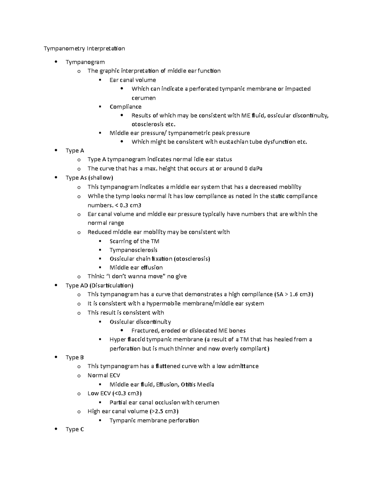 Tympanometry Interpretation Middle ear pressure/ tympanometric peak