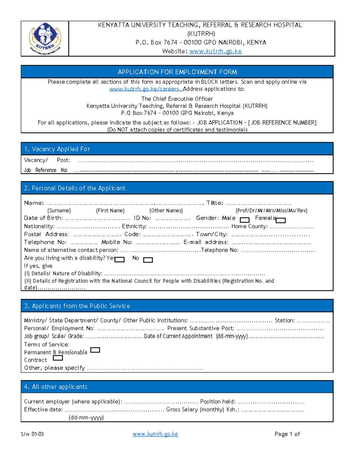Kutrrh Job Application Form March 2022 - KENYATTA UNIVERSITY TEACHING ...
