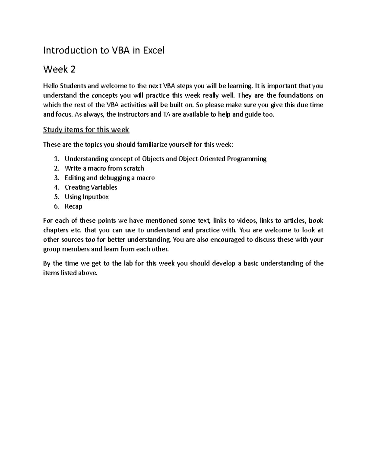 Vba week 2 guide introduction to vba in excel week 2 hello students