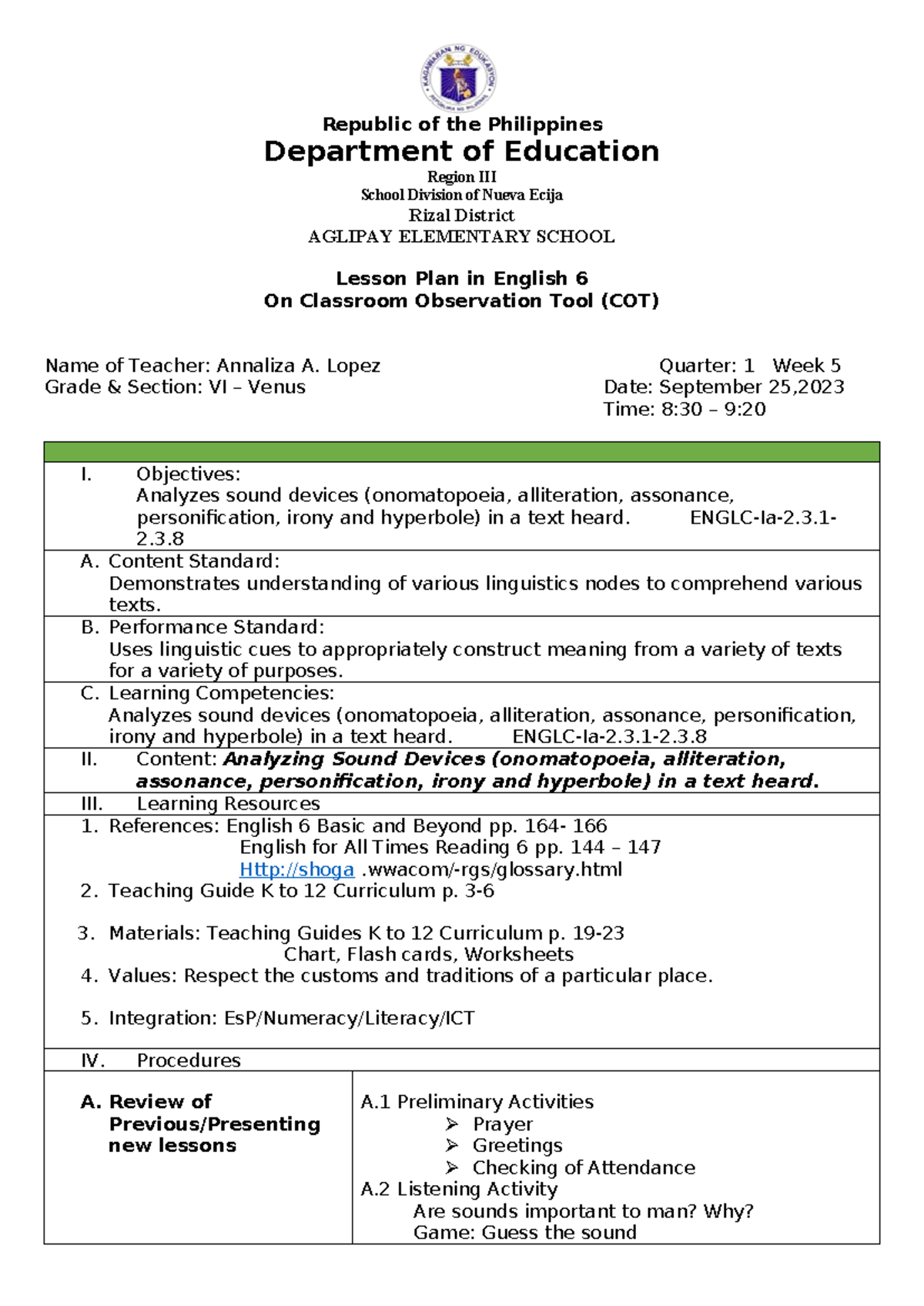 Cot sound devices DEMO TEACHING Republic of the Philippines
