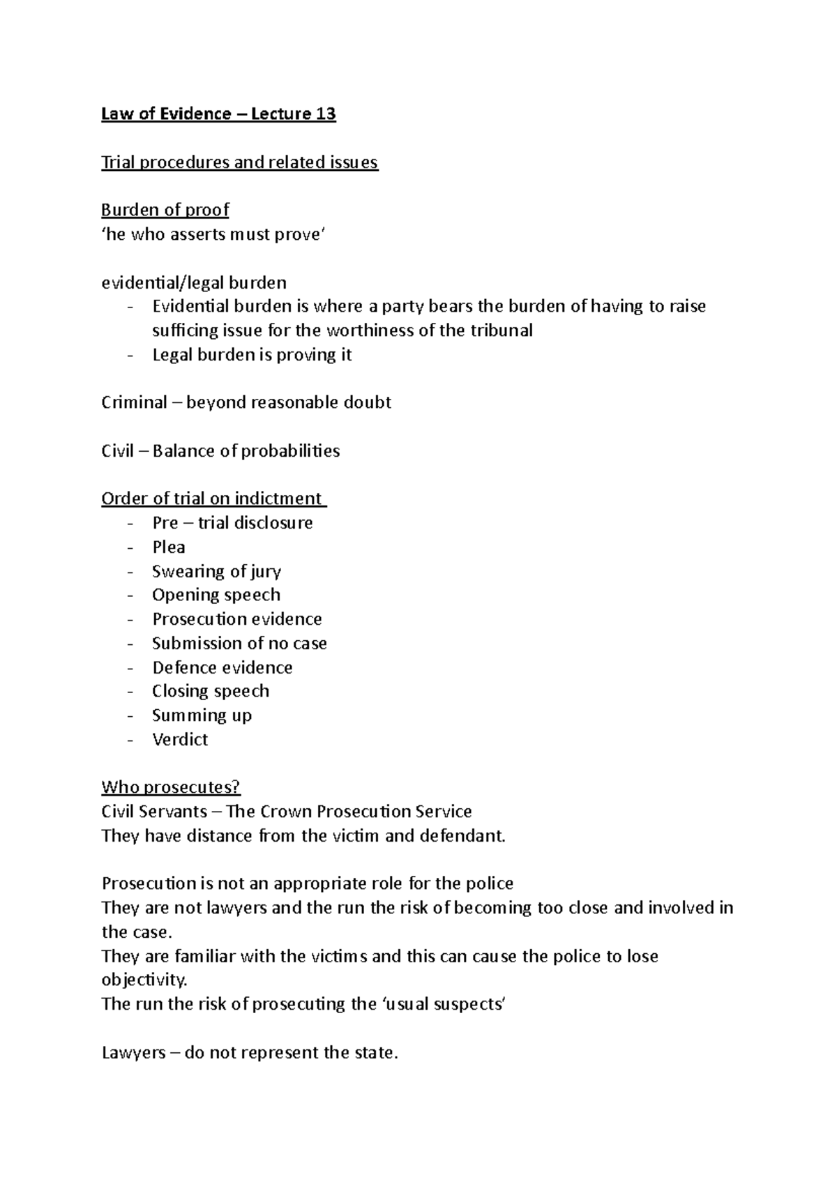 W13 Lecture - Law of Evidence – Lecture 13 Trial procedures and related ...