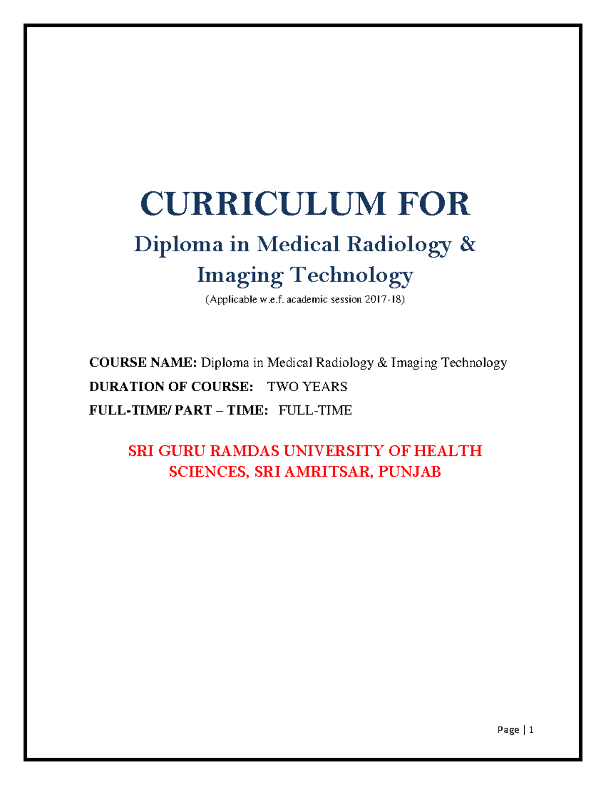 Diploma in Medical Radiology & Imaging Technology - CURRICULUM FOR ...