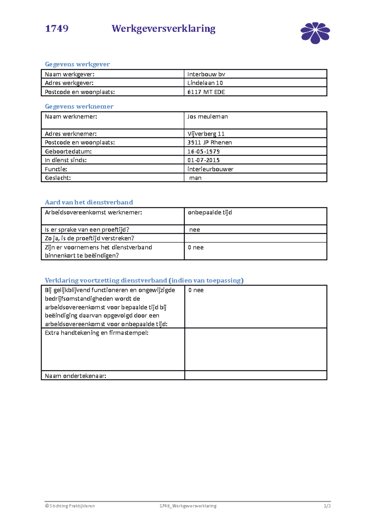 Werkgeversverklaring - 1749 Werkgeversverklaring Gegevens Werkgever ...