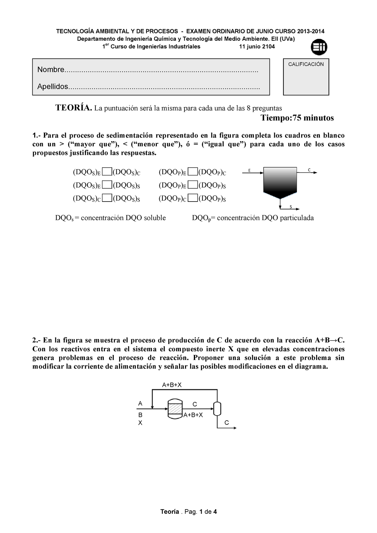 Examen Junio 2014, Preguntas Y Respuestas - TECNOLOGÍA AMBIENTAL Y DE ...