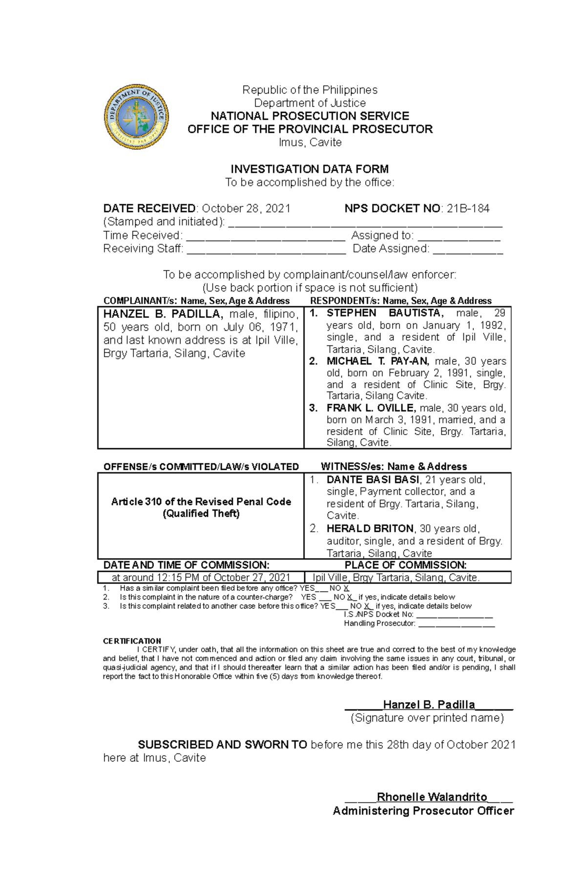 1. Investigation DATA FORM Republic of the Philippines Department of