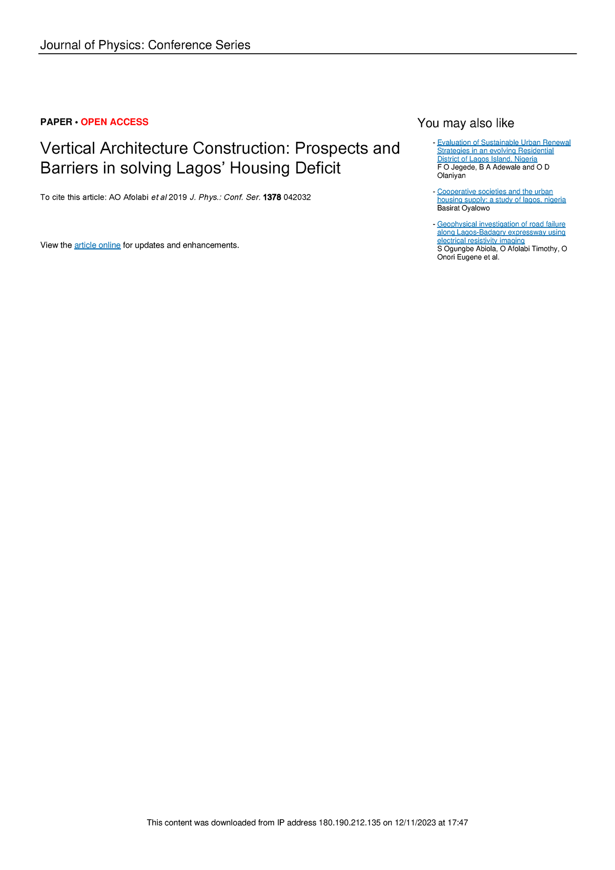 Afolabi 2019 J. Phys. Conf - Journal of Physics: Conference Series ...