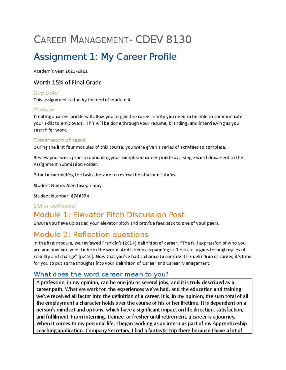 Alen - Career Assignment cdev 8130 career assignment - CAREER ...