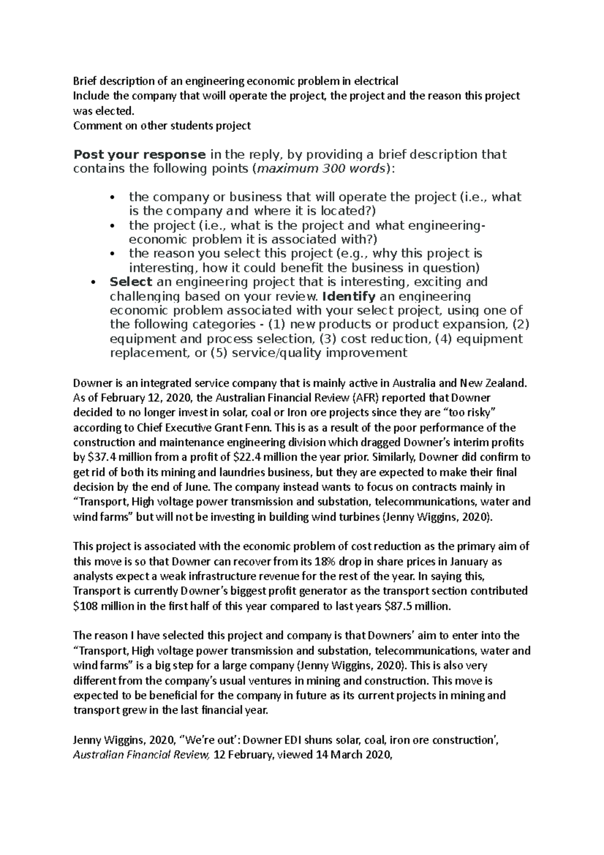 Eco assignment 1 - Brief description of an engineering economic problem ...