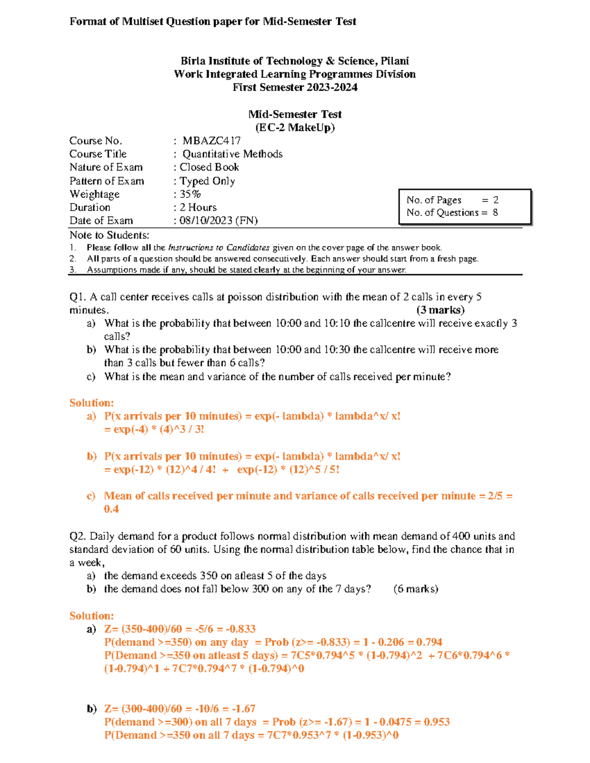 Question Paper and Answer Key MBAZC417 Make Up - Format of Multiset ...