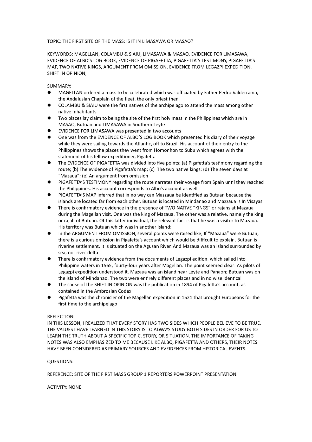 Enotebook - e notes - TOPIC: THE FIRST SITE OF THE MASS: IS IT IN ...