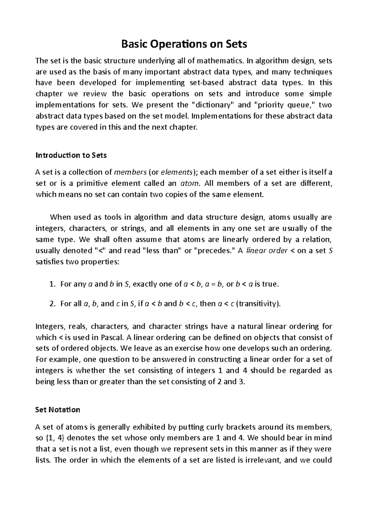 Basic Operations on Sets - In algorithm design, sets are used as the ...