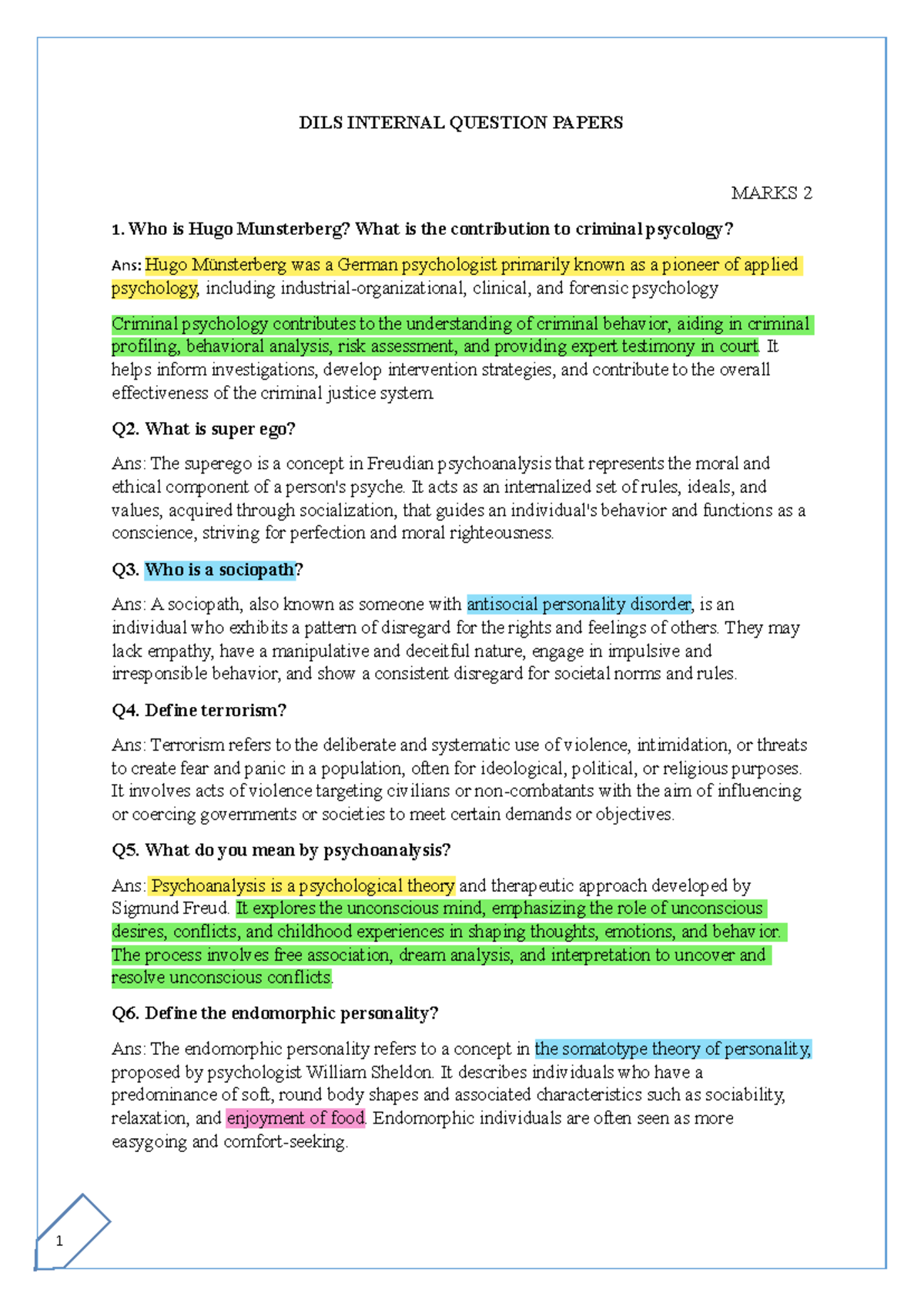 Criminal Psychology - DILS INTERNAL QUESTION PAPERS MARKS 2 Who is Hugo ...
