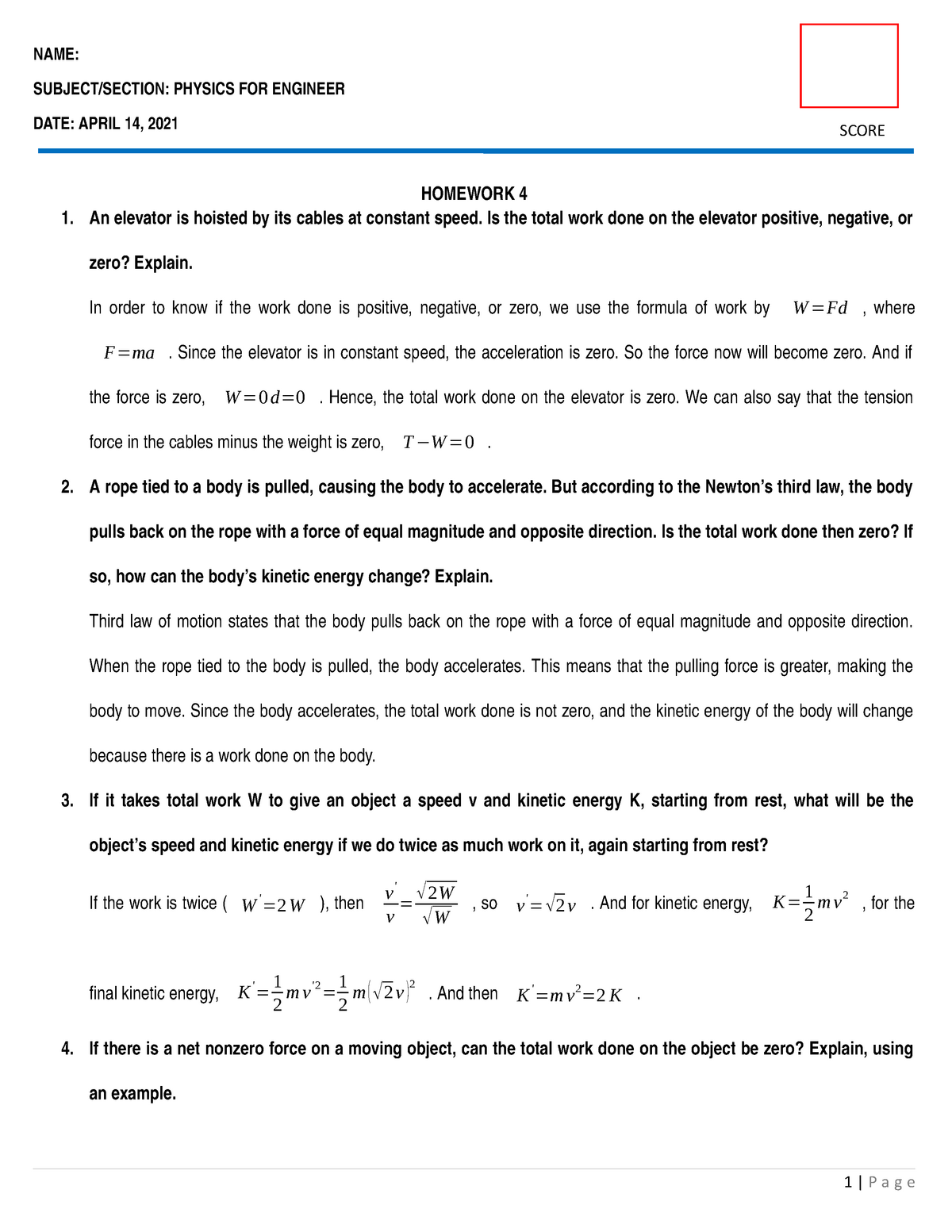 Homework 4 - Work And Energy - Physics For Engineers - PangSU - Studocu