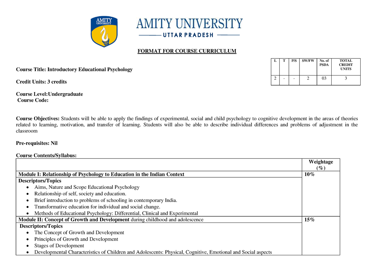 Educational psychology - FORMAT FOR COURSE CURRICULUM Course Title ...