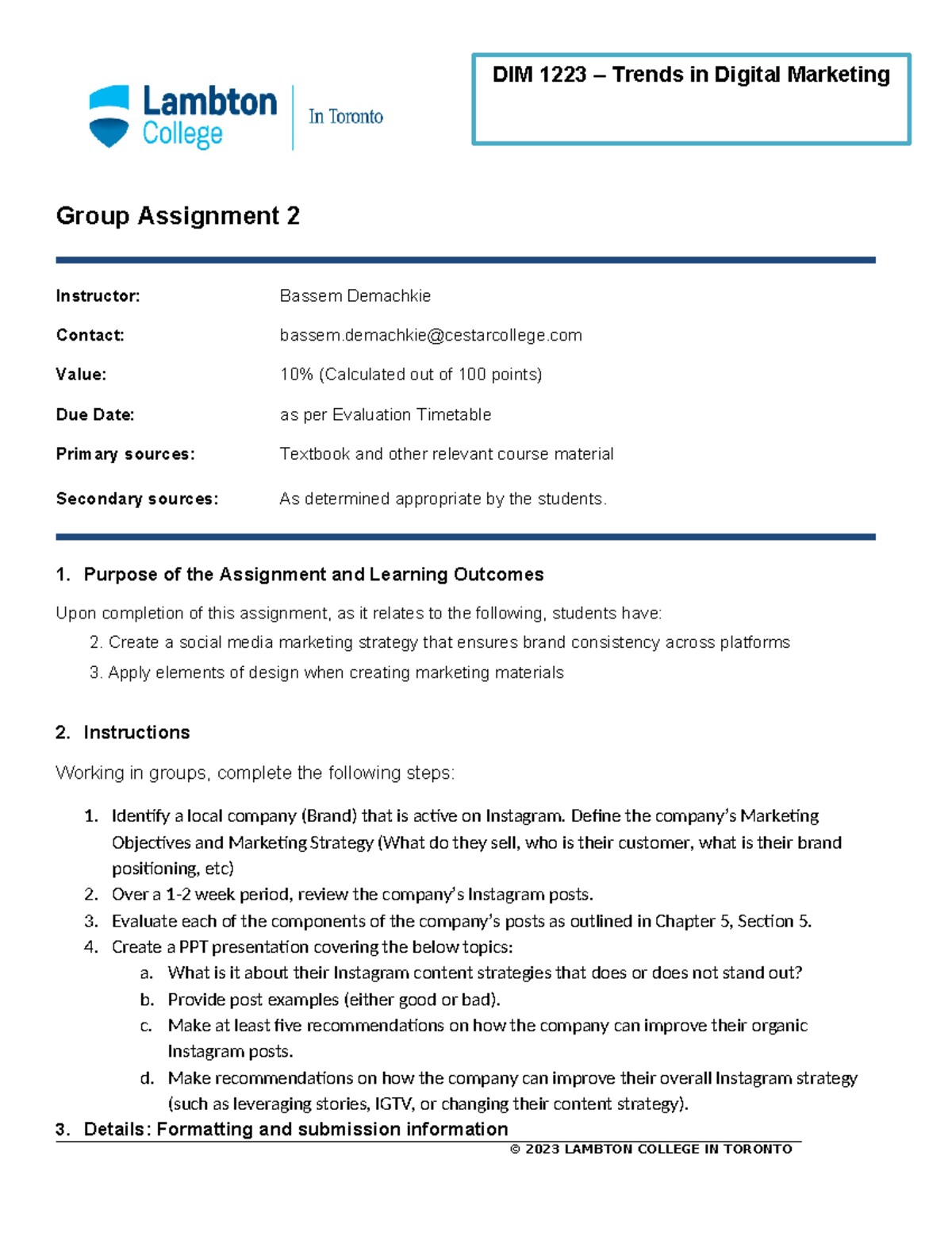 DIM 1223 Assignment 2 - Instructions SS - Group Assignment 2 Instructor ...