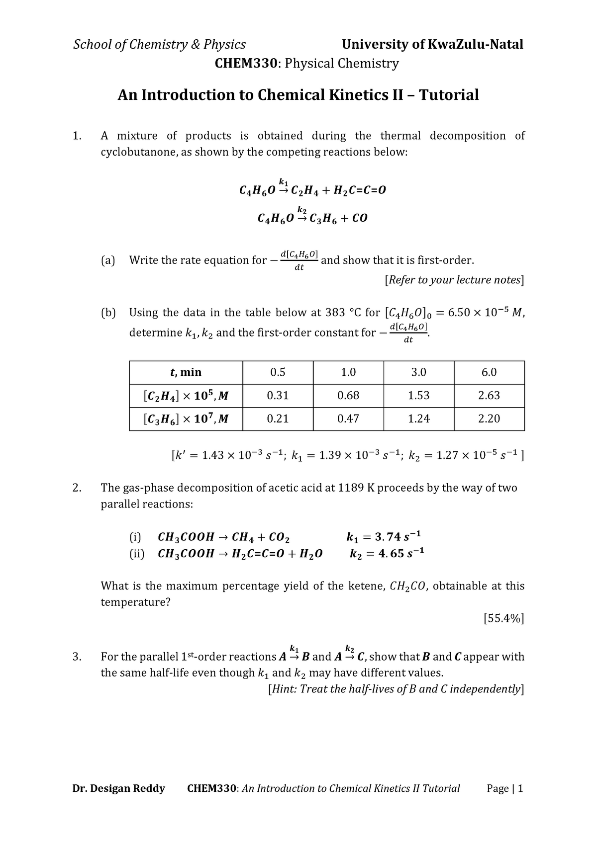 CHEM330 Chemical Kinetics II Tutorial 2020 - CHEM310 - UKZN - Studocu