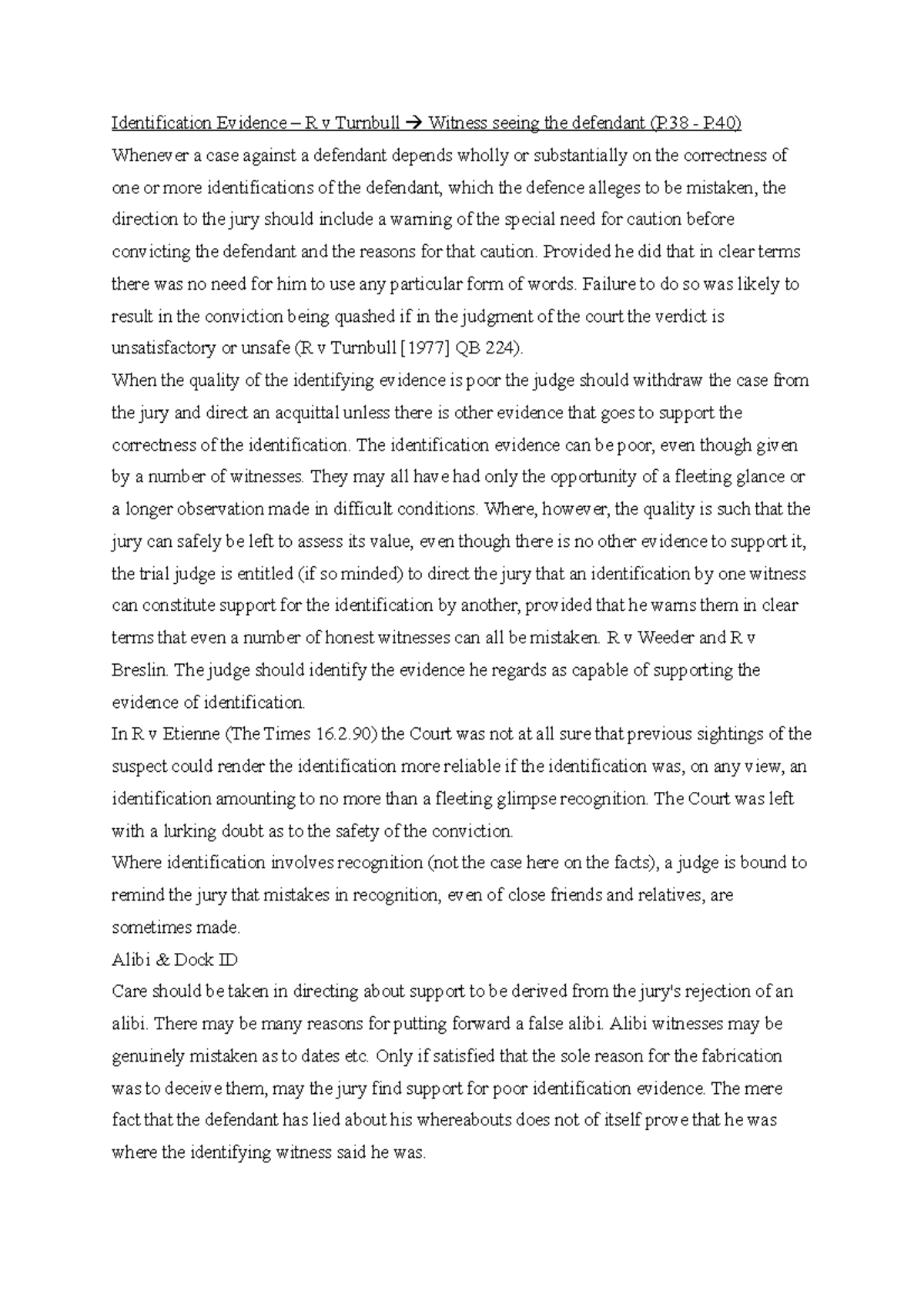 Evidence Law Answer practice question Identification Evidence R v