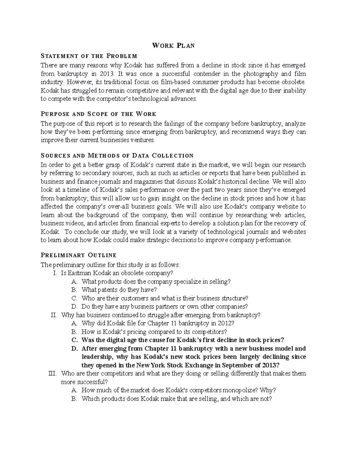 Work Plan Assignment - W ORK P LAN S TATEMENT OF THE P ROBLEM There are ...