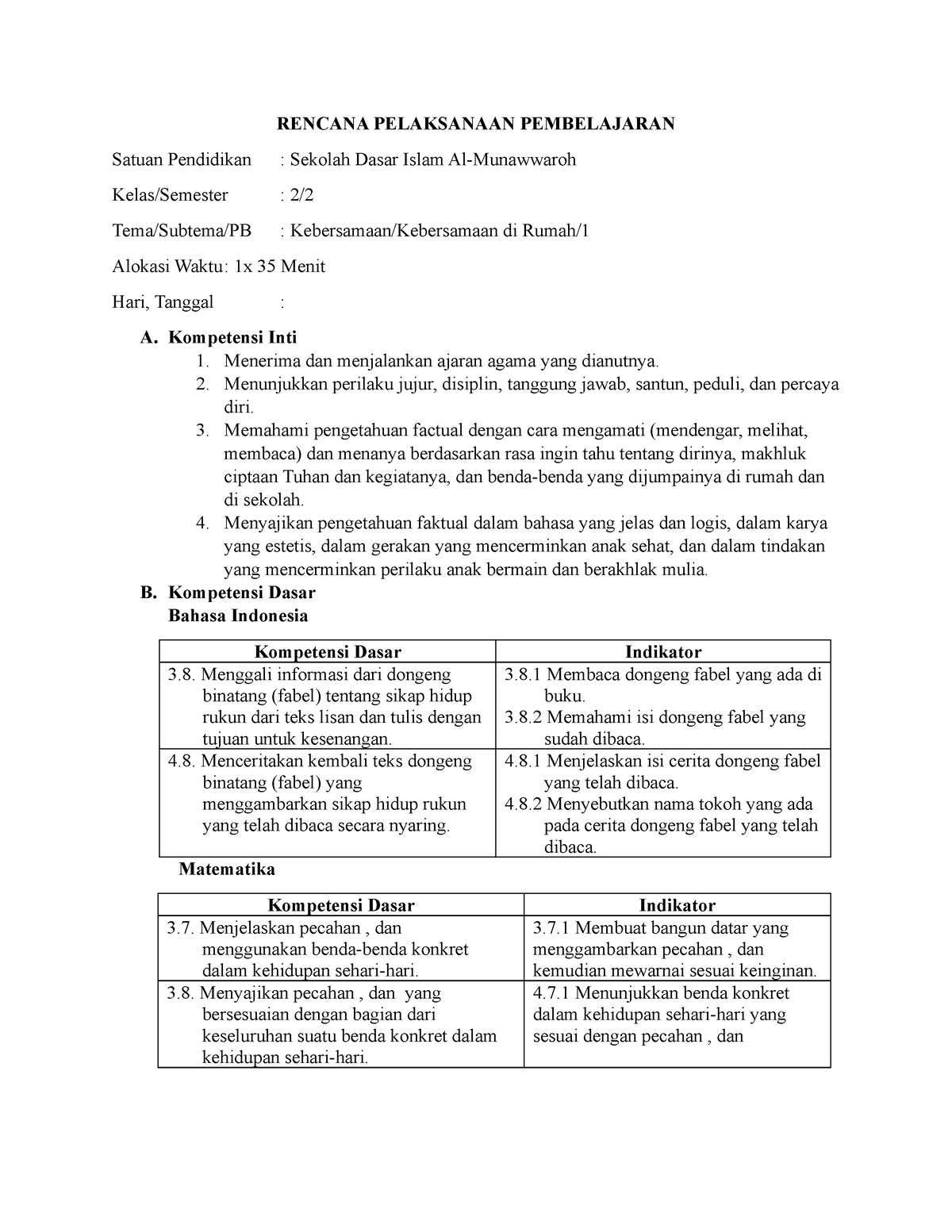 Rpp Kelas 2 Sm 2 Tema 7 Subtema 1 Pb 1 Rencana Pelaksanaan Pembelajaran Satuan Pendidikan 0287