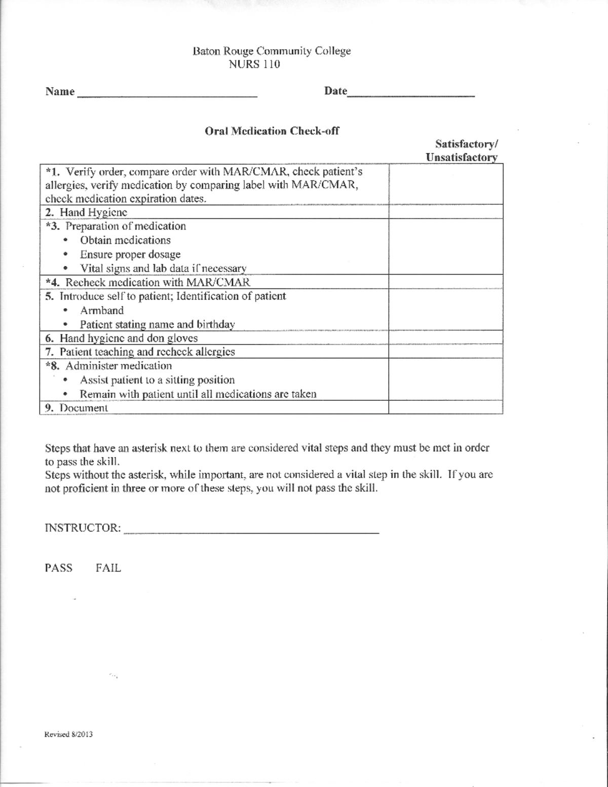 NURS 1106 Oral medication check-off (1) - Baton Rouge Community College ...