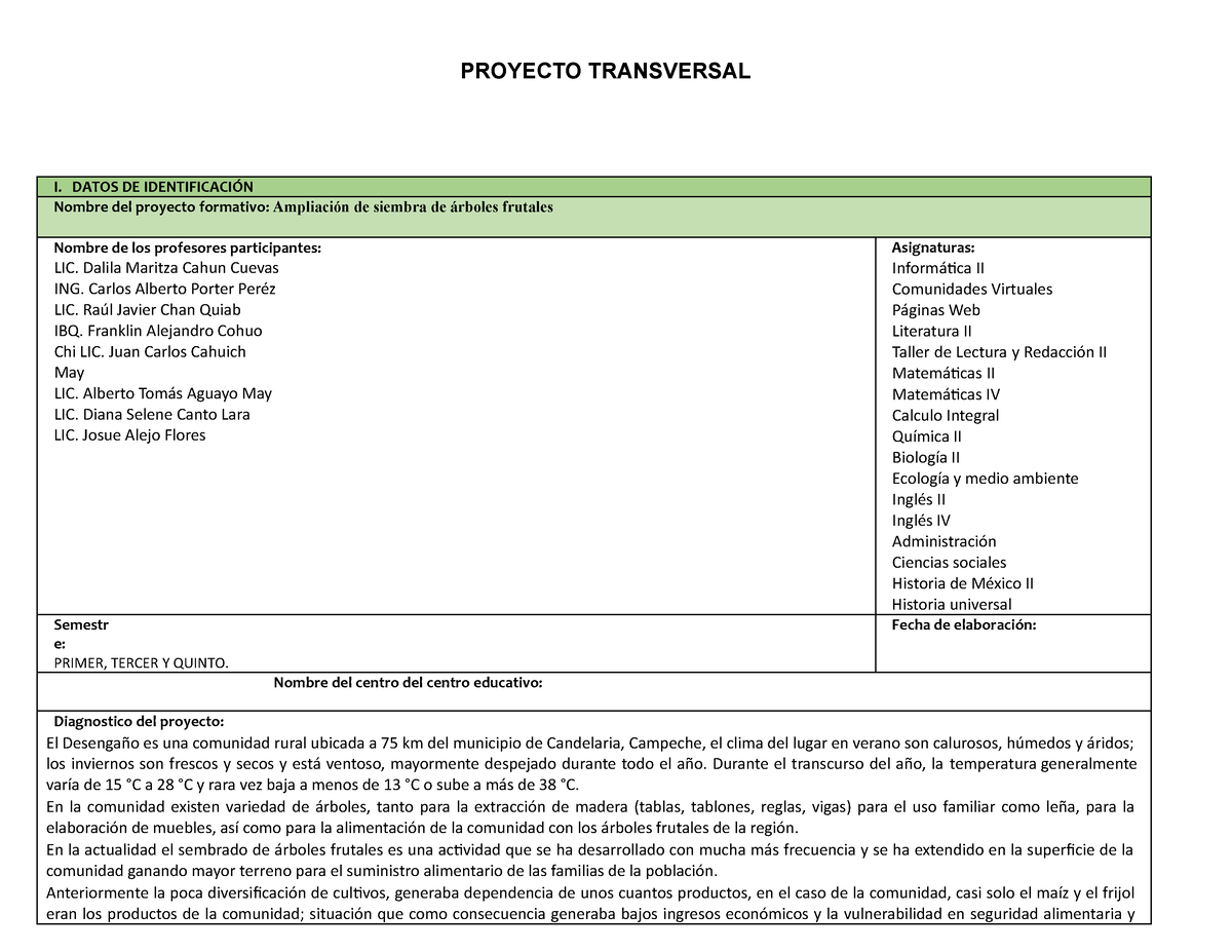 Proyecto Interdisciplinario Ampliación DE Siembra DE Arboles Frutales  2022-A EMSa D 07 - I. DATOS DE - Studocu