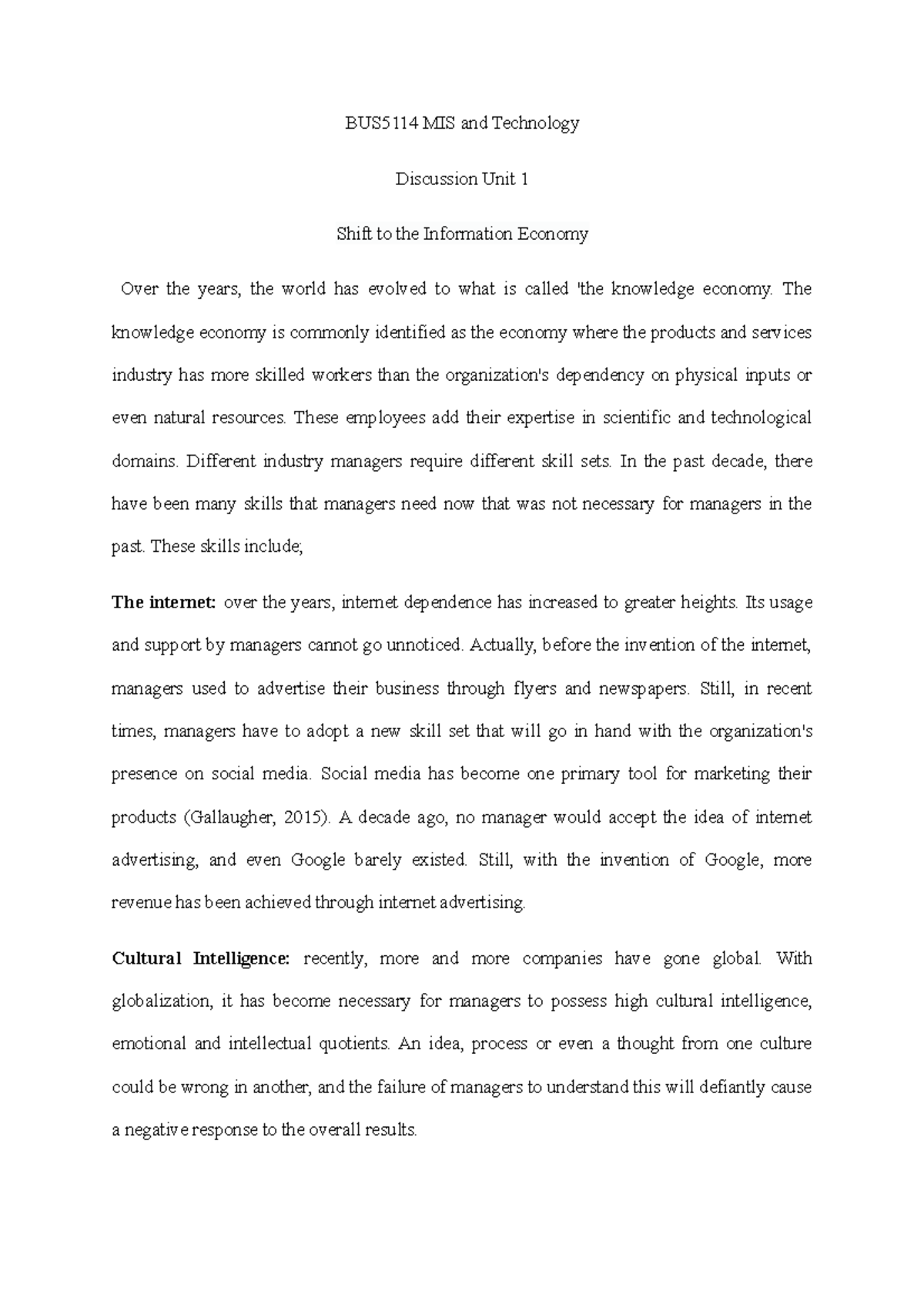 Elvis MIS and Technology unit 1 final - BUS5114 MIS and Technology ...