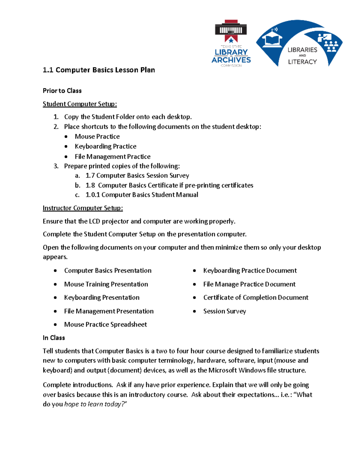1-1 Computer Basics Lesson - Place shortcuts to the following documents ...