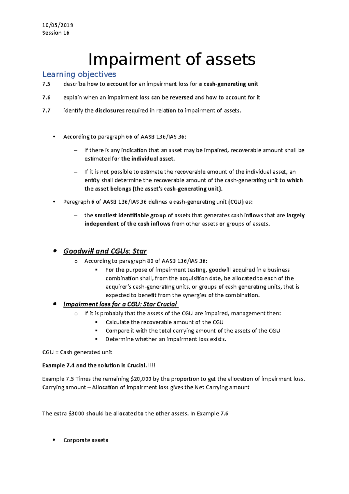 Session 16 Impairment of assets - ####### 10/05/ Session 16 Impairment ...