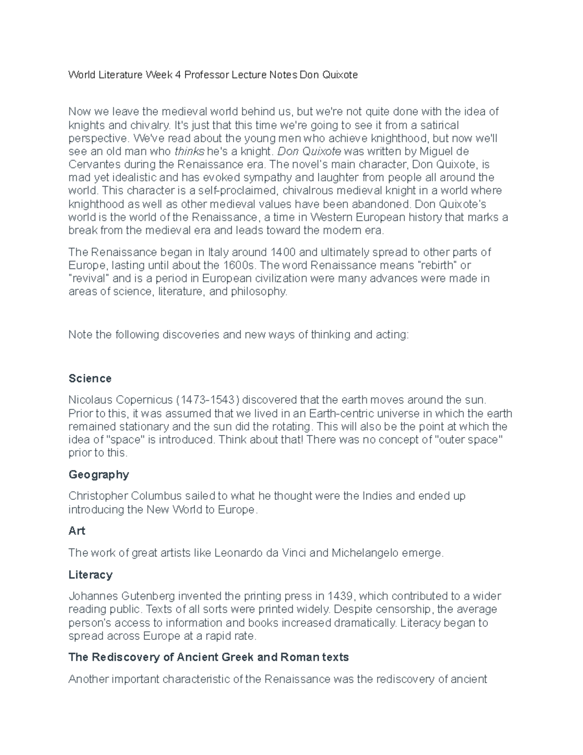 World Masterpieces Week 4 Lecture Notes - World Literature Week 4 ...