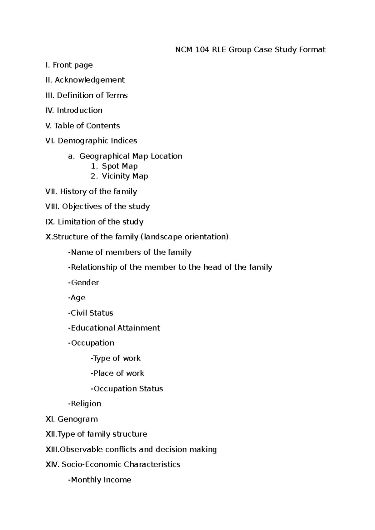 Community Health Nursing - NCM 104 RLE Group Case Study Format I. Front ...