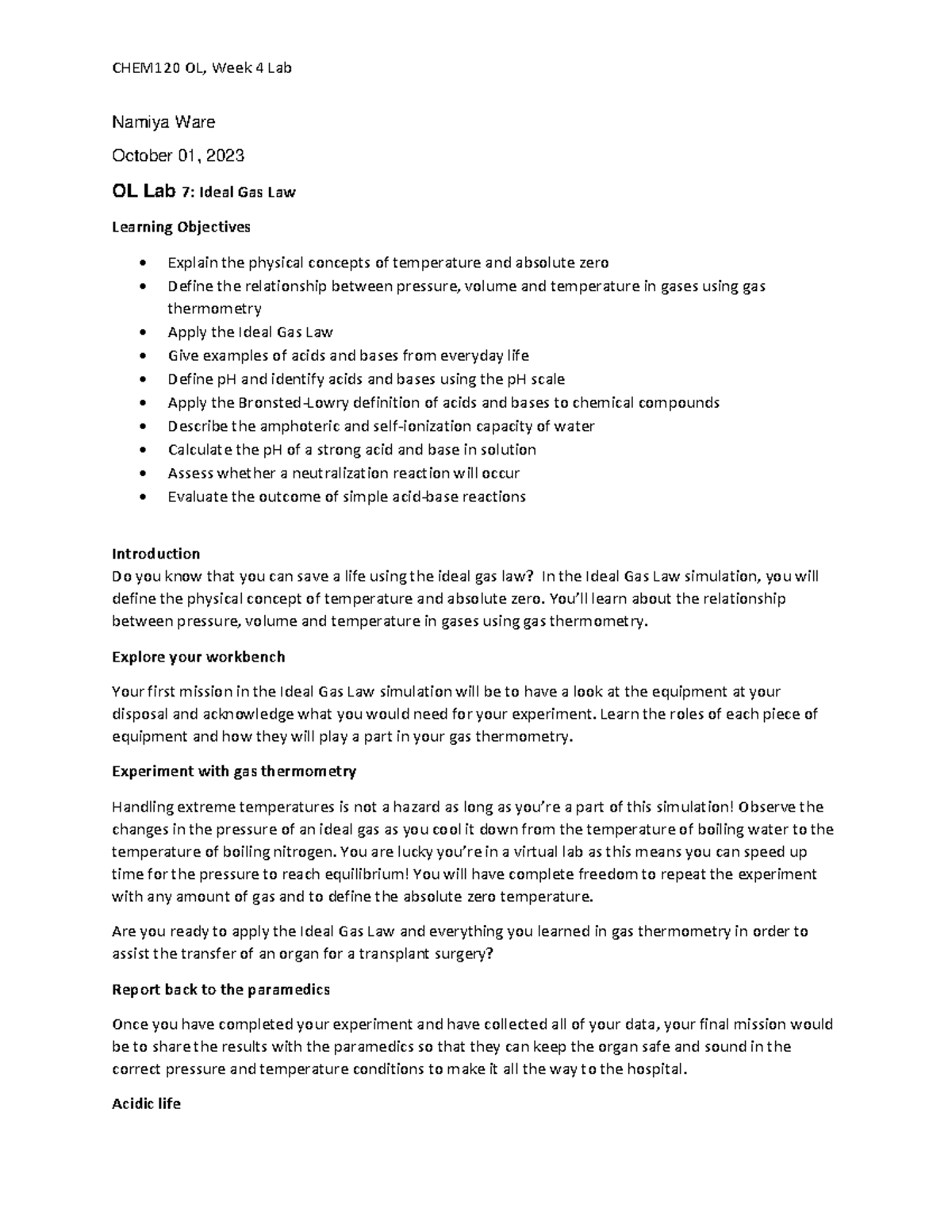 Week 4 Lab Ideal Gas Law and Acids and Bases Namiya Ware October 01