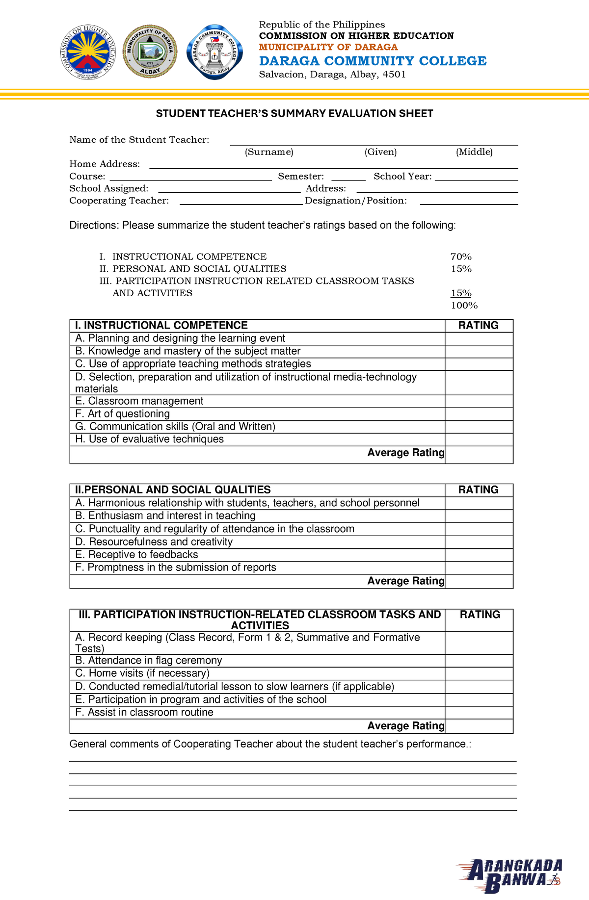 PT Summary EVAL Sheet 2023 2024 - STUDENT TEACHER’S SUMMARY EVALUATION ...