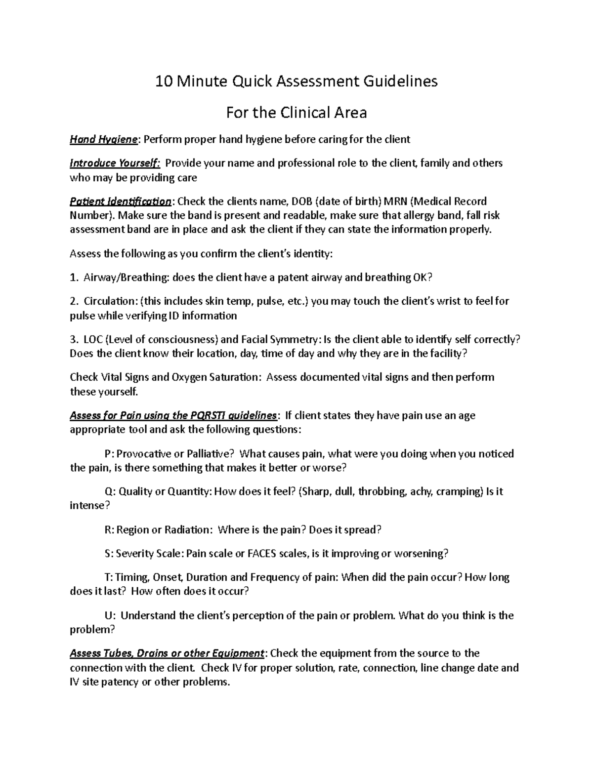 10 minute assess guidelines - 10 Minute Quick Assessment Guidelines For the  Clinical Area Hand - Studocu