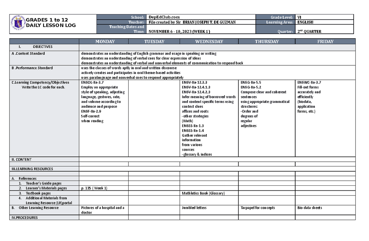 DLL English 6 Q2 W1 - lesson plan - GRADES 1 to 12 DAILY LESSON LOG ...