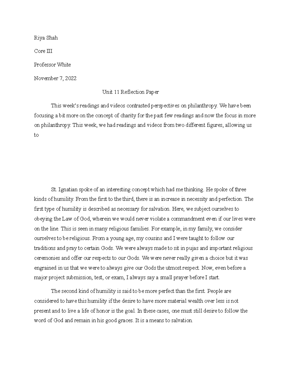 Unit 11 Reflection Paper - Riya Shah Core III Professor White November ...