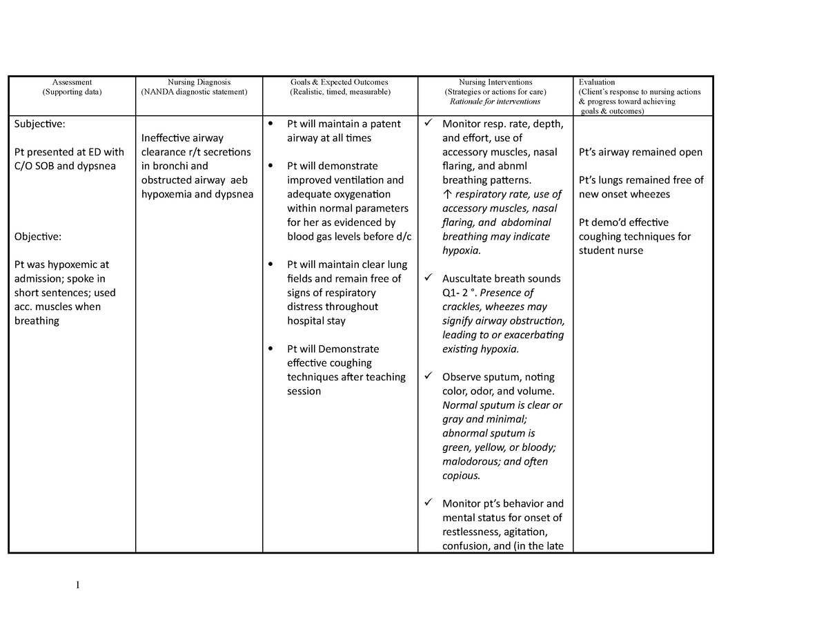 Nursing Care Plan Copd Assessment Supporting Data Nursing Diagnosis Nanda