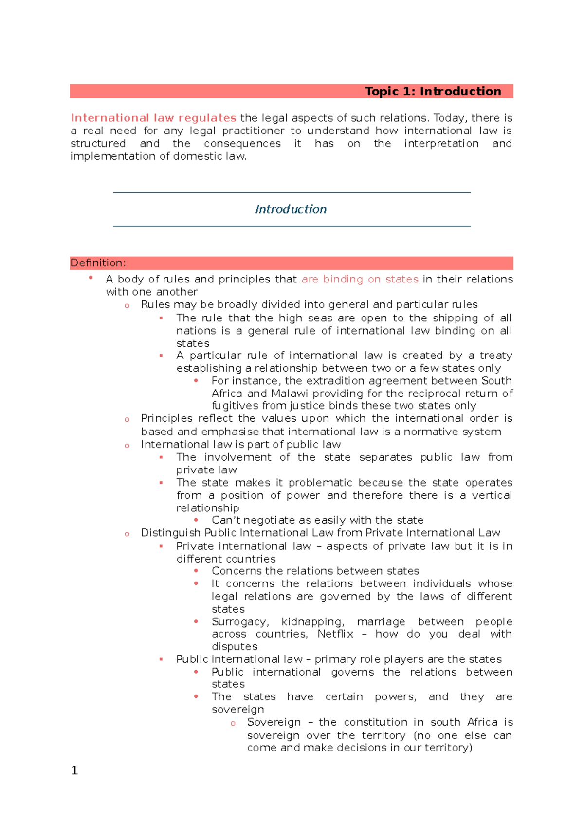 International Law - Class notes and prescribed cases - Topic 1 ...