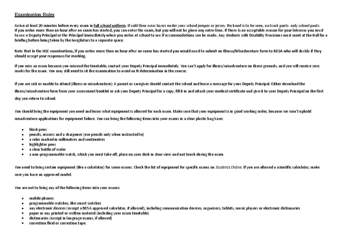HSC exam rules - Examination Rules Arrive at least 20 minutes before ...