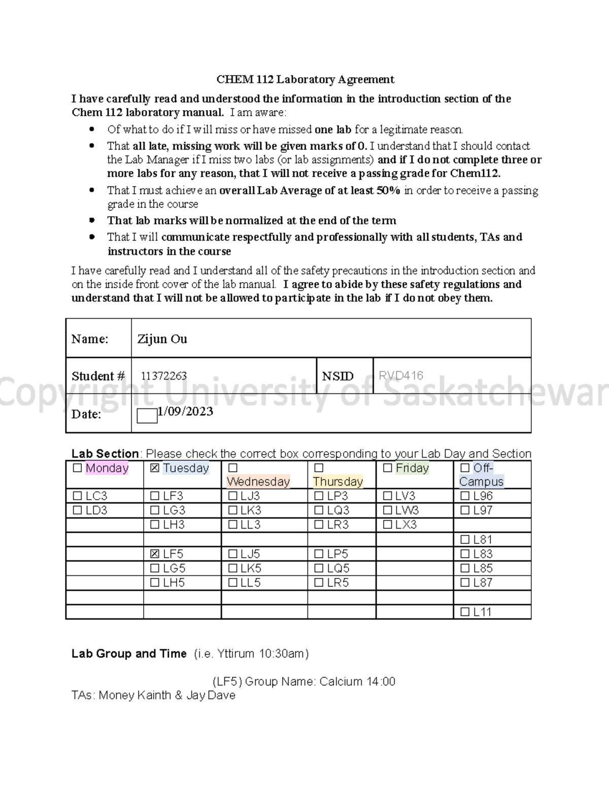 Chem112 Lab AgreementFall2023 CHEM 112 Laboratory Agreement I have