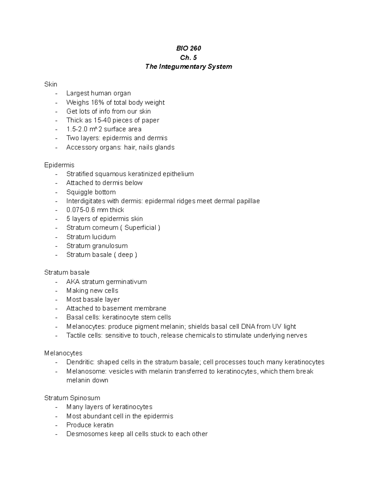 BIO 260 Ch. 5 Notes - BIO 260 Ch. 5 The Integumentary System Skin ...