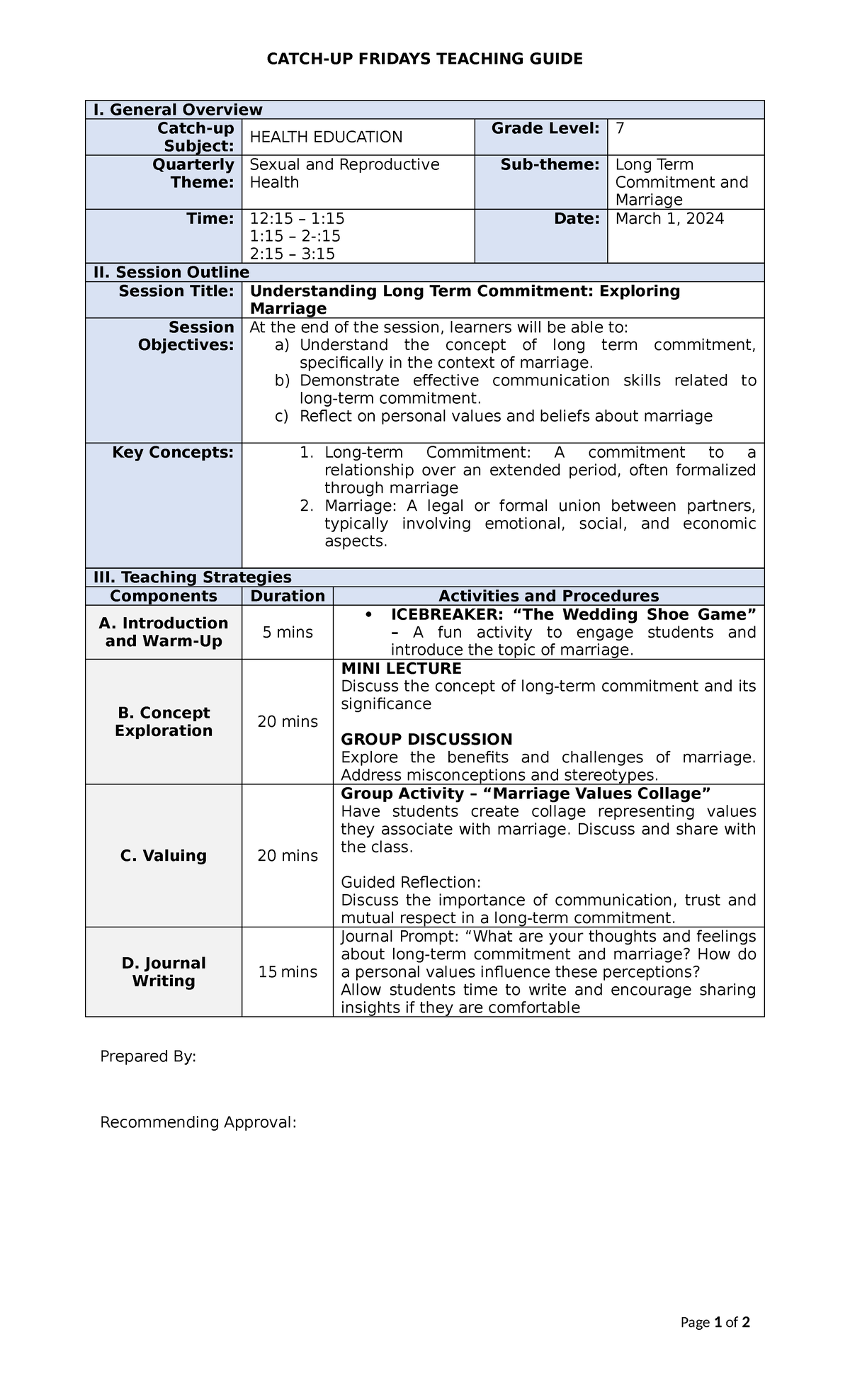 ROMANTIC RELATIONSHIPS - CATCH-UP FRIDAYS TEACHING GUIDE I. General ...