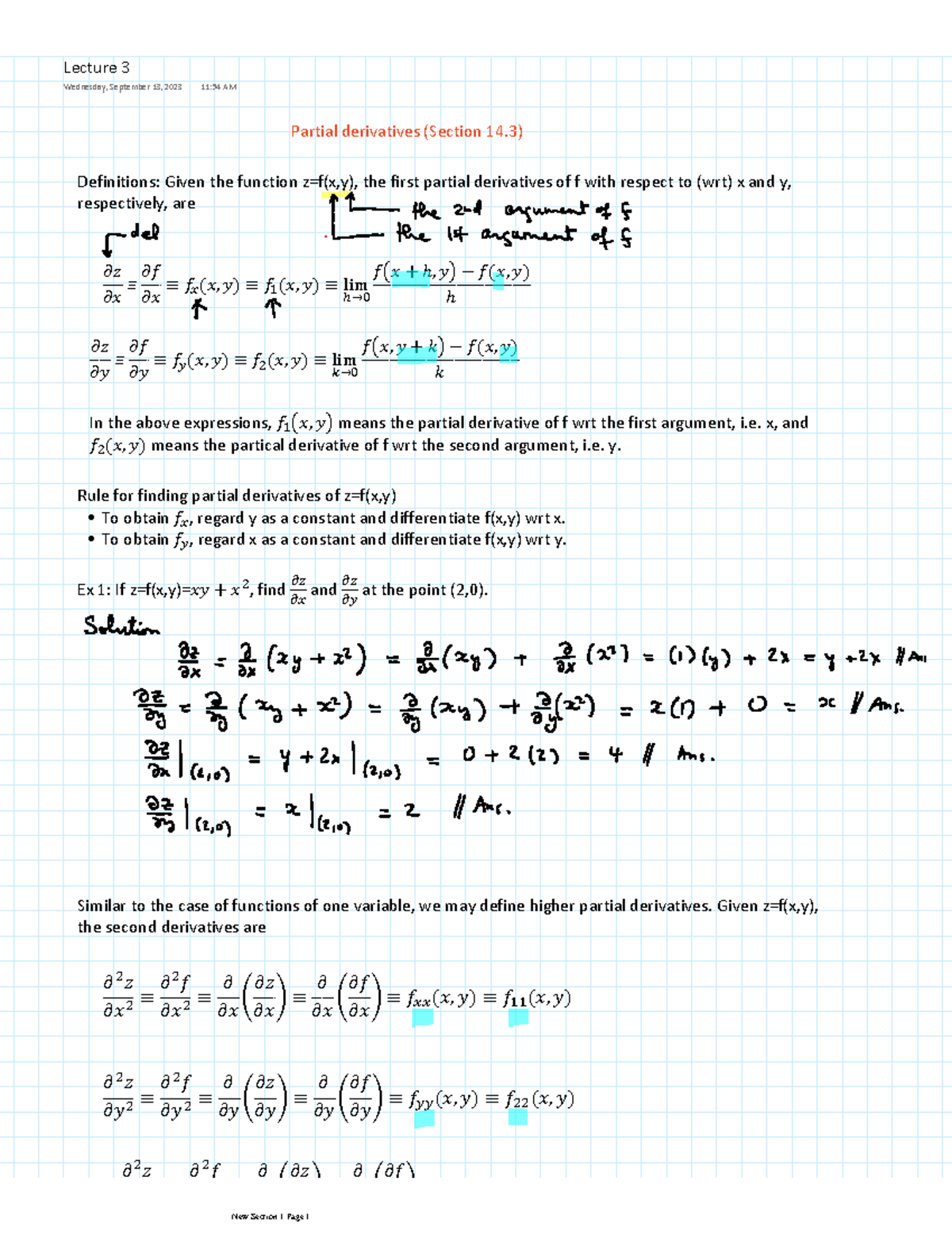 Lecture note 3... - Partial derivatives (Section 14) Definitions: Given ...