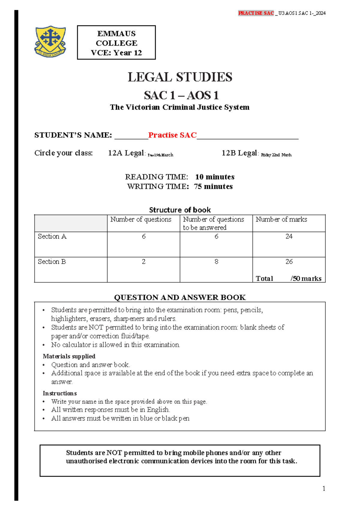 Prac Sac 1 - Practise Sac For Unit 3 Legal Aos 1 Criminal Justice ...