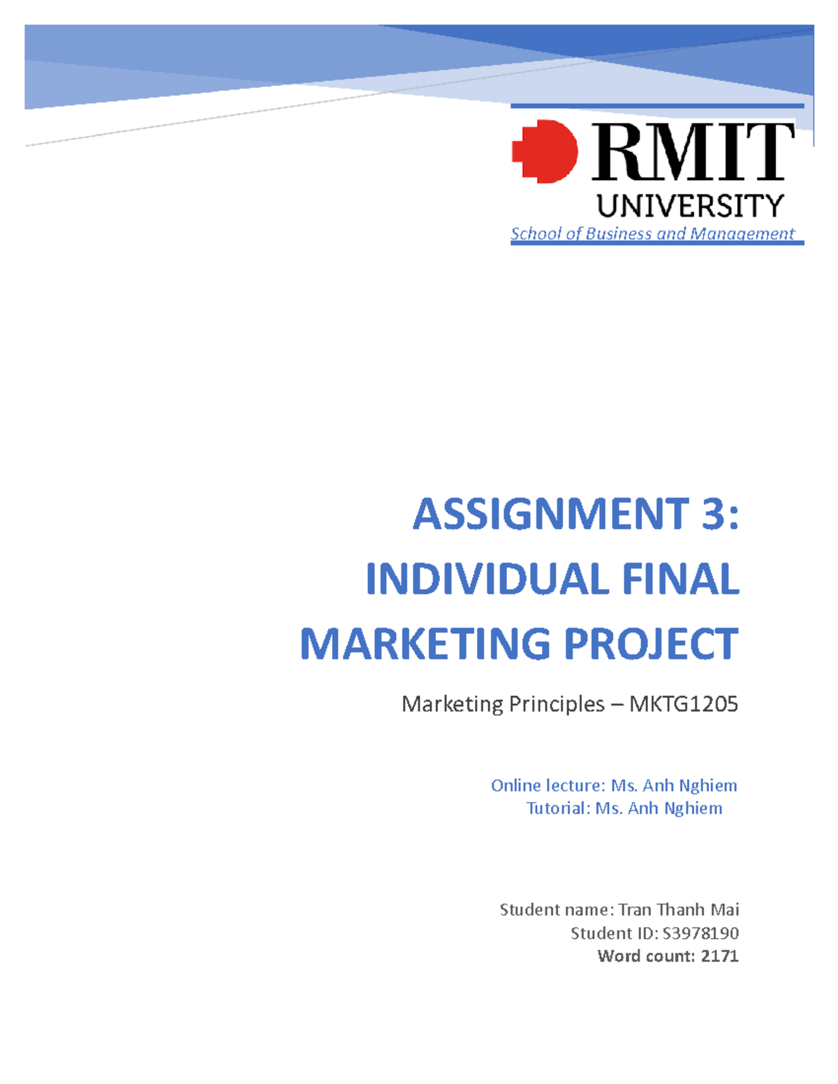 RMIT MP Assignment 3 Individual Final Marketing Project - School of ...